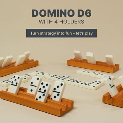 Queensell Dominos Set for Adults with 4 Domino Racks - Double 6 Dominoes Set with Domino Holder, Classic Board Games for Kids and Adults - Double Six Standard Dominos Set 28 Tiles with Travel Case - style: D6 + 4 Holders