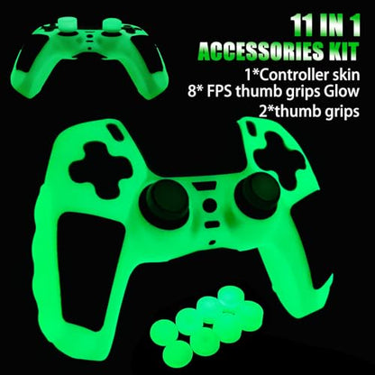 Green Glow in the Dark Silicone Protective Case for PS5 Controller, Anti-Slip Thick Soft Cover, Includes 8-in-1 Thumb Grip Caps + 2 Cat Paw Caps – Ergonomic Shockproof - color: Glow Green Black
