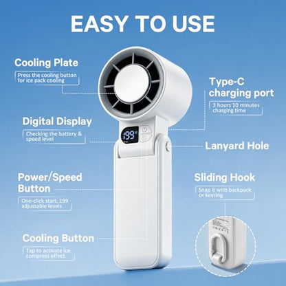 Handheld Portable Turbo Fan with Ice Cooler Personal Cooling Device | 199 Speeds,Digital Display, Up to 12H Runtime, Rechargeable Powerful Mini Personal Fan for Travel/Concerts/Sport Events/Gifts - color: White