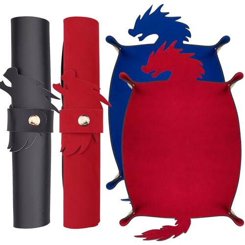 SIQUK 2 Pieces Dragon Dice Rolling Tray PU Leather Dice Mat Folding Scroll Dices Holder for D&D RPG Games (Blue, Red) - color: Blue, Red