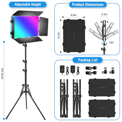 2-Pack LED Video Light Kit with 63'' Tripod Stand, Icceue 2500K-8500K Dimmable Studio Photography Panel Lighting for Video Recording Game Live Streaming Podcast YouTube Filming (2 Pack RGB) - size: 2 Pack RGB (with Barndoor)