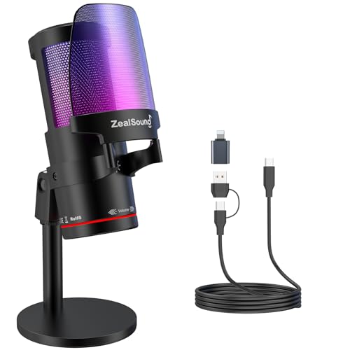 ZealSound USB Microphone for PC Mac iPhone & Android, Podcast Mic with Noise Cancellation, Touch Mute, RGB Light, Volume & Monitor Control, for Streaming Gaming Podcasting ASMR TikTok Discord YouTube - color: RGB