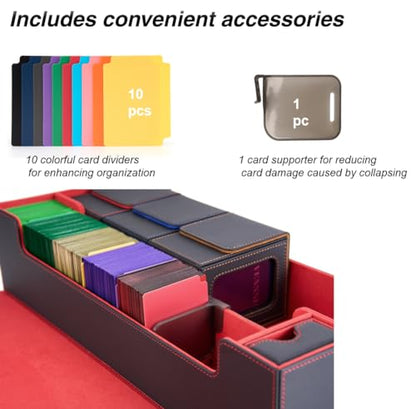 MTG Deck Box Holds 5 Display Card Deck Boxes with Playmat and Dice Box,Includes 10 colorful dividers and 1 card supporter, Trading Card Storage Box For Magic Game Cards (Black and Red) | Holds 5 Deck Boxes (not included)/650 Single/520 Double-Sleeved Card