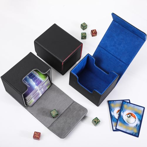 Weewooday 3 Pieces Leather Deck Card Boxes Game Box for 100 Plus Cards Playing Magnetic Storage Box Compatible with Mtg Tcg(Black, Black Red, Black Blue,Horizontal)