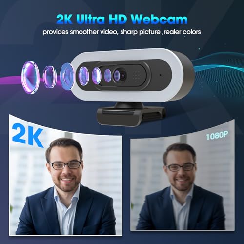 ToLuLu 2K Streaming Webcam Web Cam, LED RGB Webcam with Microphone & Light | Autofocus Computer Camera with Cover and Tripod, Plug-Play USB Web cam for PC Desktop/MacBook Gaming Video Calling - style: 2K Autofocus RGB Ring Light webcam
