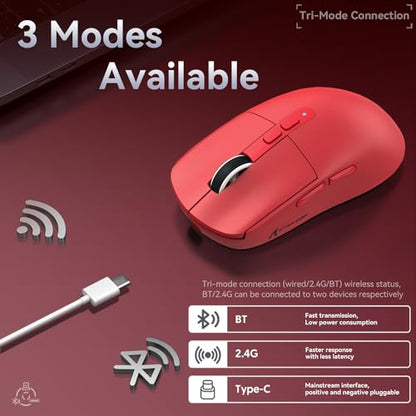 ATTACK SHARK X6 Lightweight Wireless Gaming Mouse with RGB Backlight Charging Base,Tri-Mode Wired/2.4GHz/BT5.2,26K DPI, PAW3395 Optical Sensor,HUANO Switch,5programmable Buttons,PC/Mac(Red) - color: Red, size: Mouse without Anti-slip sticker