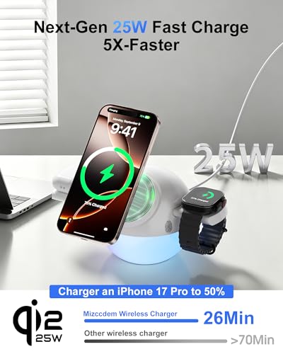 3-in-1 Charging Station for Apple, Mizccdem Qi2.2 25W Certified Wireless MagSafe Fast Charger Stand with Night Light for iPhone17/16/15/14/13/12 Series, Apple Watch, AirPods(45W Adapter Included)
