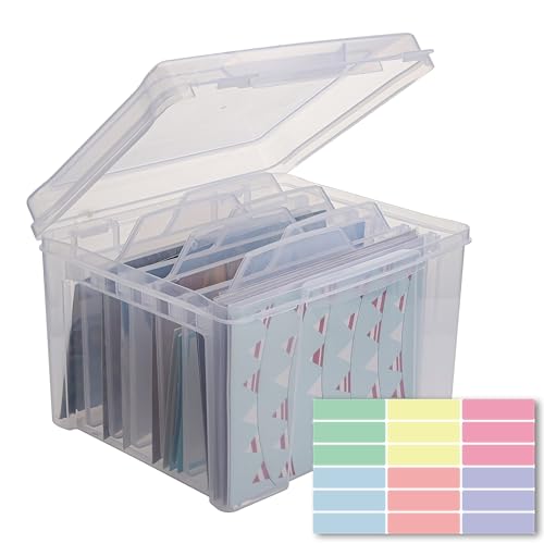 Greeting Card Storage & Organizer Box with 6 Removable Dividers for Holiday Birthday Get Well Cards Photos, Crafts, Scrapbooking(Clear)