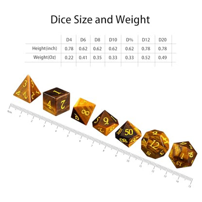 LUCKY-M Gemstone DND Dice Unique, 7PCS Yellow Tiger's Eye Dice Set for Dungeons and Dragons RPG MTG, Polyhedral Stone Dice Sets D&D Men Birthday Gifts - color: Yellow Tiger