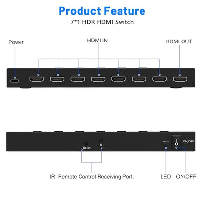 HDMI Switch 7 in 1 Out 4K@60Hz, 7 Port HDMI Switcher Selector Support HDR & HDCP 2.2 & Full 3D Compitable with Nintendo Switch,Xbox PS5/4,Fire Stick,Roku,Apple TV for Gaming & Home Entertainment - size: 4K@60Hz 7 in 1 Out HDMI Switch