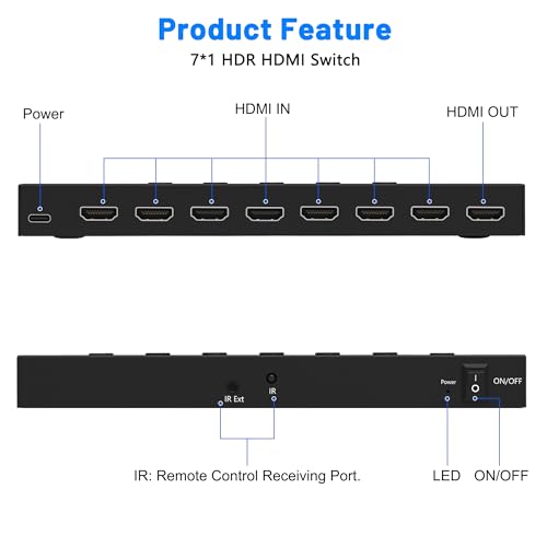 HDMI Switch 7 in 1 Out 4K@60Hz, 7 Port HDMI Switcher Selector Support HDR & HDCP 2.2 & Full 3D Compitable with Nintendo Switch,Xbox PS5/4,Fire Stick,Roku,Apple TV for Gaming & Home Entertainment - size: 4K@60Hz 7 in 1 Out HDMI Switch