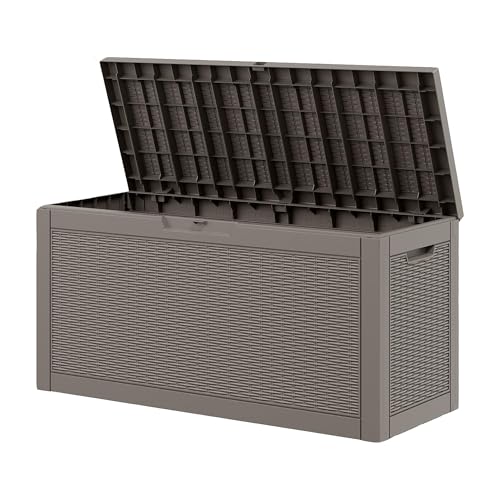 Outdoor Storage Box, Resin Deck Boxes Indoor and outdoor, Waterproof Storage Box Lockable Lid (Grey,60 Gallon) - color: Rattan Grey, style: 60 Gallon