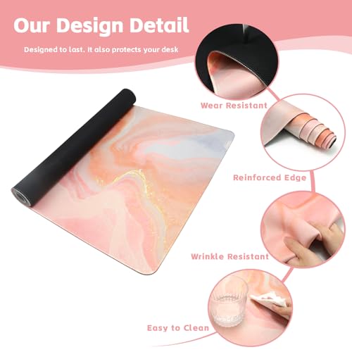 Baziabbo Cute Desk Mat,XXL Extended Large Mouse Pad,Gaming Mousepad with Stitched Edge,Non-Slip Rubber Base Keyboard Desk Pad for Home Office Study Game (Pink Marble) - color: Pink Marble