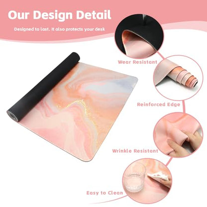 Baziabbo Cute Desk Mat,XXL Extended Large Mouse Pad,Gaming Mousepad with Stitched Edge,Non-Slip Rubber Base Keyboard Desk Pad for Home Office Study Game (Pink Marble) - color: Pink Marble