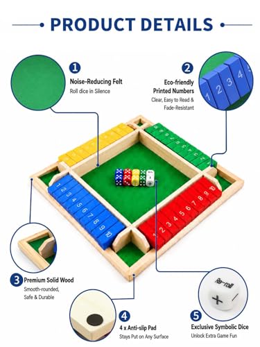 Upgraded 8.7-inch Shut the Box Game, Easy Quick and Fun Educational Math Game with 2 Symbolic Dice, 1-4 Players Wooden Board Games for Family Night Classroom Party, Tabletop Games for Kid Adult Senior - size: 8.7Inch