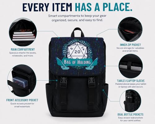 DND Backpack | Bag of Holding Tabletop RPG Travel Backpack for D&D Players & Dungeon Masters | Dice Storage, Laptop & Book Bag for School, Work, TTRPG, Board Game & Fantasy Gaming Gear Accessories