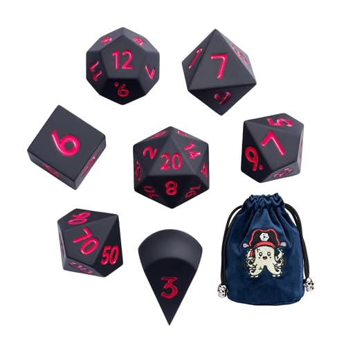 7-Piece Jumbo Silicone DND Dice Set, 25mm Oversized D&D Dice | Round Edges Soft Perfect Bouncer Compatible with Dungeons and Dragons RPG Bar Pub Club Party Games - color: Black W/Red Numbers