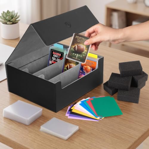 Trading Card Storage Box, Holds 1800 Sleeved Card, PU Magnetic Closure | 200 Toploaders and 600 Penny Sleeves INCLUDED, 10 Dividers and 6 Foam Stoppers INCLUDED, Fit for MTG, TCG and Sports Cards - color: Black and Grey