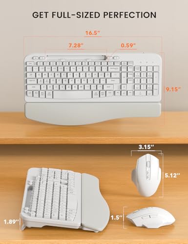 Wireless Keyboard and Mouse Combo with Ergonomic Wave Key | Leather Soft Palm Rest, Rechargeable, 4-Level DPI, Phone Holder, 2.4GHz, MA22 Plus Full Size Set for PC, Laptop, Windows, Mac - color: Cloudy White