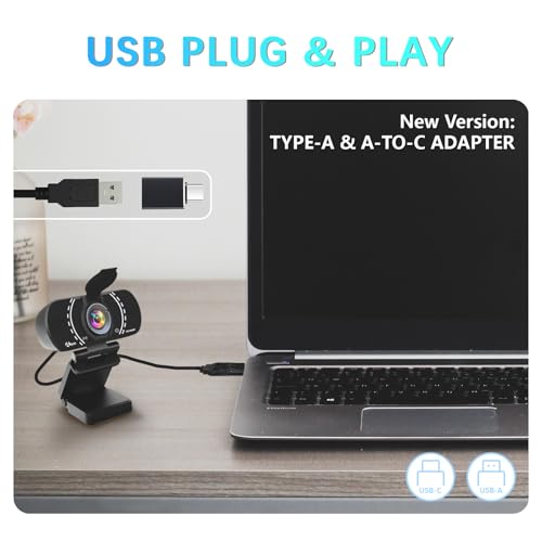 Akyta 1080P PC Webcam, Plug and Play USB C Camera with Microphone/Privacy Cover/Stand/Adapter & Wide Angle 110°, Web Camera for Desktop Computer PC Mac Video Calling/Zoom Conference - color: 1080P Webcam USB A to C