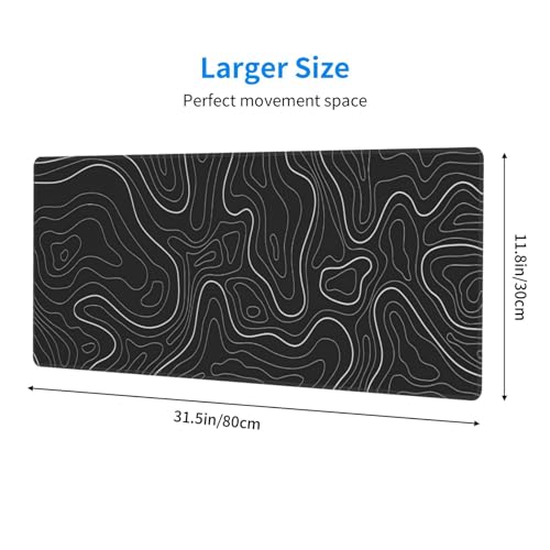 Topographic Contour Extended Big Mouse Pad Large,Gaming Mouse Pad Desk Pad,31.5x11.8 Inch Long Computer Keyboard Mouse Mat Mousepad with 3mm Non-Slip Base and Stitched Edge for Gaming and Office - color: Black Topographic5