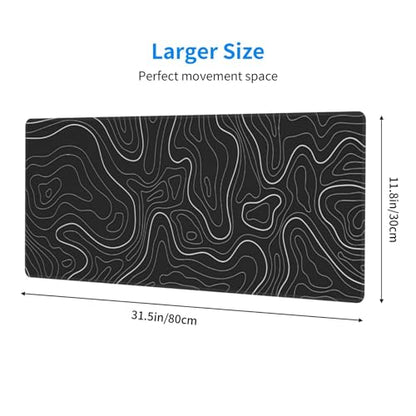 Topographic Contour Extended Big Mouse Pad Large,Gaming Mouse Pad Desk Pad,31.5x11.8 Inch Long Computer Keyboard Mouse Mat Mousepad with 3mm Non-Slip Base and Stitched Edge for Gaming and Office - color: Black Topographic5