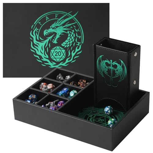 Grajar Dice Tray and Dice Tower with Storage, 3 in 1 Dice Rolling Tray with Lid, Portable Dice Box Storage, dice Holder for RPG MTG Table Games - Leaf Glitter - color: Green Glitter Scale