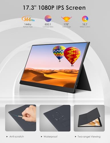 Anyuse 17.3" Portable Monitor, 1080P FHD, 144Hz, IPS HDR Screen, Travel Monitor for PC Mac Phone Xbox PS5 Switch Laptop, Smart Cover & Speakers - size: 17.3"Portable