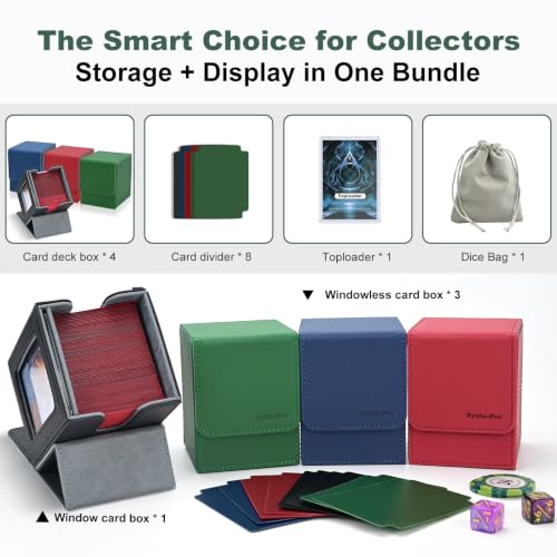 3+1 Commander Deck Box for MTG, 1 Deck Box with Commander Display + 3 Without, Fits 100+ Double-Sleeved Cards, Magnetic Storage Box for TCG/PTCG/Sport Cards with 8 Dividers, Dice Bag & Toploader