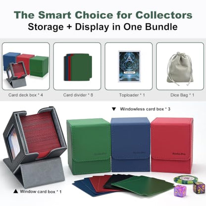 3+1 Commander Deck Box for MTG, 1 Deck Box with Commander Display + 3 Without, Fits 100+ Double-Sleeved Cards, Magnetic Storage Box for TCG/PTCG/Sport Cards with 8 Dividers, Dice Bag & Toploader