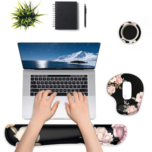 MOSISO Wrist Rest Support for Mouse Pad&Keyboard Set, Curved Peony Ergonomic Mousepad&Coaster Non-Slip Base Home/Office Pain Relief&Easy Typing Cushion with Neoprene Cloth&Raised Memory Foam, Black