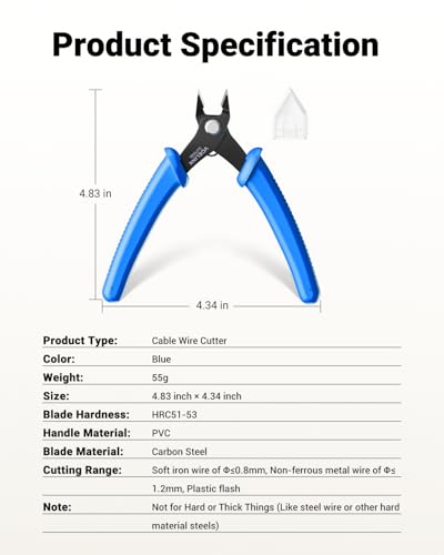 VCELINK Small Wire Cutter Spring-loaded GJ706BL, Precision Flush Cutter Pliers Diagonal Cutters for Electronics, Jewelry Making, Model Craft and 3D Printer, 5-Inch | Spring-loaded Flush Cutter. Carbon Steel HRC51-53. For Electronics, Jewelry, Zip Ties. -