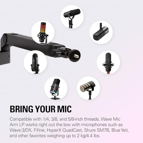 Elgato Wave Mic Arm Low Profile Microphone Boom Arm | Sits below shoulder line, 360-degree rotation, Magnetic cable channels, All-metal build, Fully adjustable mount - style: Low Profile