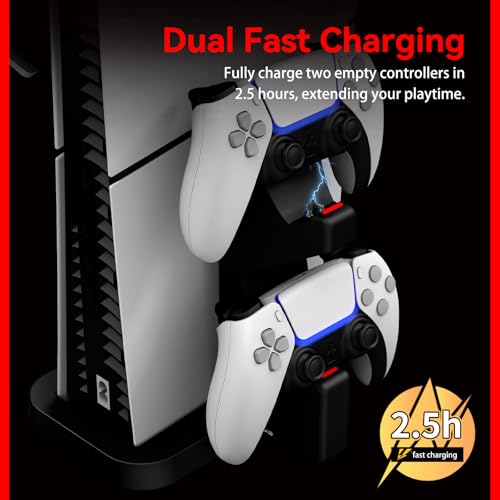 PS5 Stand with Controller Charging Station: 2.5 Hours Fast Charging Dock - Vertical Stand for PlayStation 5 Slim - PS5 Accessories with Headphone Holder & Dual Controller Charger - color: Black