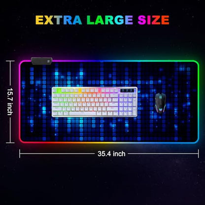 Blue RGB Gaming Mouse Pad, XXL Mousepad Non-Slip Rubber Base, Cool Computer Desk Pad Keyboard Mat LED Glowing Square Extended Mouse Pad for Gamer - color: Blue Glowing Square