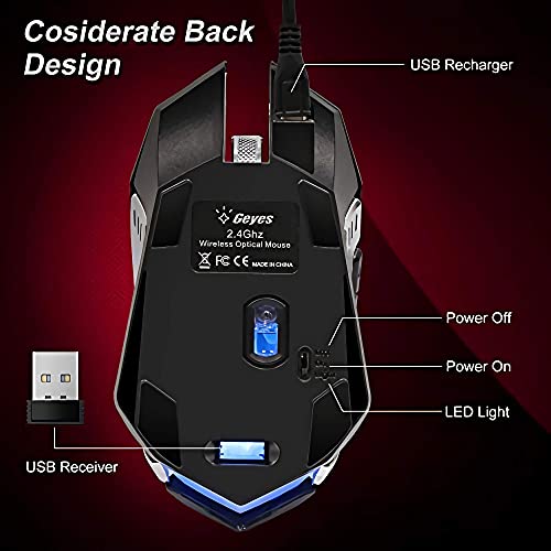 VEGCOO Wireless Gaming Mouse, Silent Wireless Mouse, Rechargeable Computer Mice with Colorful RGB LED Lights and 3-Level-Adjustable DPI, 6 Buttons Mouse with Side Buttons for Laptop and Desktop - color: black