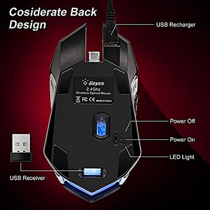 VEGCOO Wireless Gaming Mouse, Silent Wireless Mouse, Rechargeable Computer Mice with Colorful RGB LED Lights and 3-Level-Adjustable DPI, 6 Buttons Mouse with Side Buttons for Laptop and Desktop - color: black