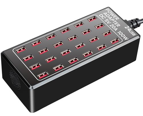 24-Port 100 watt (20 A) Charging Station for Multiple Devices, Phone Charging Station with Rapid Charging, Multiple USB Charger Station for Hotels, Schools, Shops, Shopping Malls and Travel