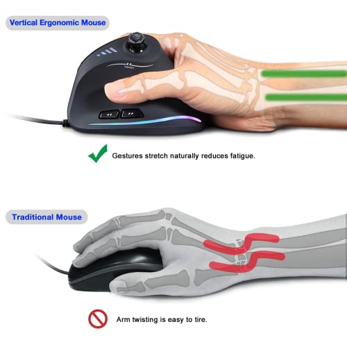 TKMARS Wired Ergonomic Mouse with Joystick, Vertical Gamer Mouse 11 Programmable Buttons 10000 DPI Adjustable Gaming Mouse for PC Mac USB Computer Black