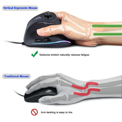 TKMARS Wired Ergonomic Mouse with Joystick, Vertical Gamer Mouse 11 Programmable Buttons 10000 DPI Adjustable Gaming Mouse for PC Mac USB Computer Black