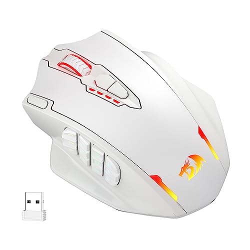 Redragon M913 Wireless RGB MMO Gaming Mouse 16000 DPI Remapping Keys | Cable-Free 0 Delay Dedicated for FPS Gamers, Redefine Keybinding Macro, Vibing Backlight, Ergonomic Grip Body Comfort - color: White, style: Wireless M913
