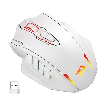 Redragon M913 Wireless RGB MMO Gaming Mouse 16000 DPI Remapping Keys | Cable-Free 0 Delay Dedicated for FPS Gamers, Redefine Keybinding Macro, Vibing Backlight, Ergonomic Grip Body Comfort - color: White, style: Wireless M913