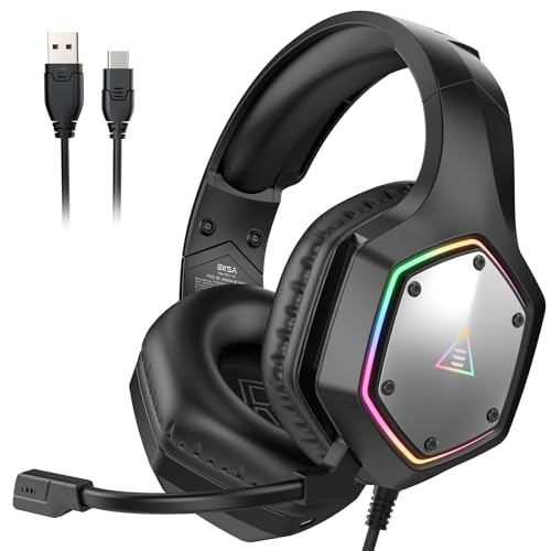 EKSA E1000 V2 Gaming Headset, PC Headset with USB C Plug, Wired Headphones with Noise Canceling Microphone, 7.1 Surround Sound, RGB Light, include USB Adapter for Computer,Mac, PS4/PS5 Console, Laptop - color: USB- A+Type C