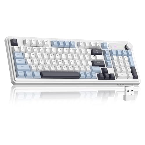 MageGee GK960 Wireless Keyboard, 98 Keys Tri-Mode BT/2.4G/Wired Membrane Gaming Keyboard, RGB Creamy Keyboard with Number Pad, Knob Control, 4000mAh Battery - Blue & White - color: Blue & White