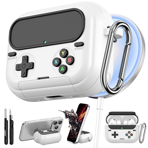 Getino Retro Game Case for AirPods Pro 3 | Game Console Design Protective Cover with Foldable Stand, Secure Lock Anti-Drop Shockproof PC+TPU Case, Keychain & Cleaning Kit for Men & Boys, White - color: White