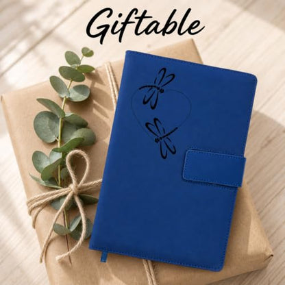 The Amazing Office Dragonfly Heart Refillable Journal, Blue Faux Leather, 200 Lined Pages, 5.75x8.5 Inch Notebook with Magnetic Clasp and Pen Holder, Writing Diary for Women and Men - color: Dragonfly-Heart Blue