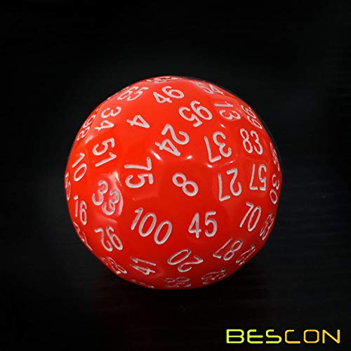 Bescon Glowing Polyhedral 100 Sides Dice Cerise Red, Luminous D100 Dice, 100 Sided Cube, Glow in Dark D100 Game Dice - color: Glowing Red D100