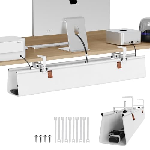 Zilink Large Cable Management Under Desk 40" No Drill Desk Cable Management Clamp/Screw Mount Fabric Cable Tray Sturdy Waterproof Cable Organizer for Office, Home, White - color: White, size: 40"
