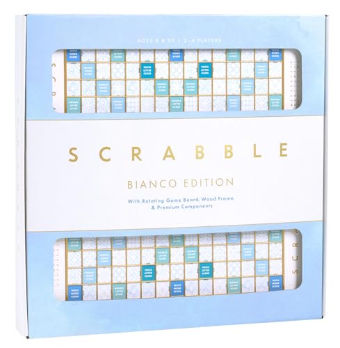 WS Game Company Scrabble Bianco Edition with Rotating Wooden Game Board | Coastal Aesthetic, Turntable, Raised Letter Tile Grid, Classic Word Game for 2-4 Players, Adults, Families and Kids Ages 8+