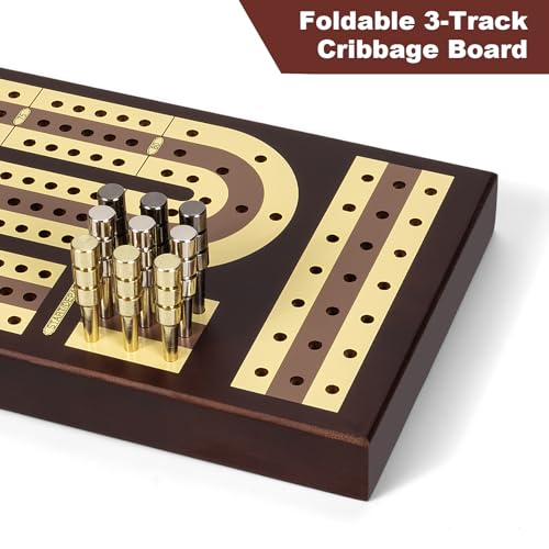 ESENHARBER Foldable Wooden Cribbage Board Set - Elegant 3-Track Design with Magnetic Closure, 9 Metal Pegs, Full Deck of Cards, Perfect for Family Game Nights and Travel - style: Foldable